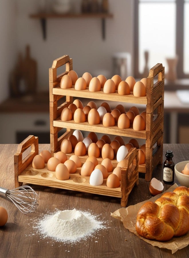 Reallnaive 4 Tier Wooden Egg Holder for Countertop, Pine Stackable Fresh Egg Storage Farmhouse Collecting Rack for Gathering Kitchen Organizer Duck Eggs Display, Stackable with 72 Eggs(Brown) - Image 5